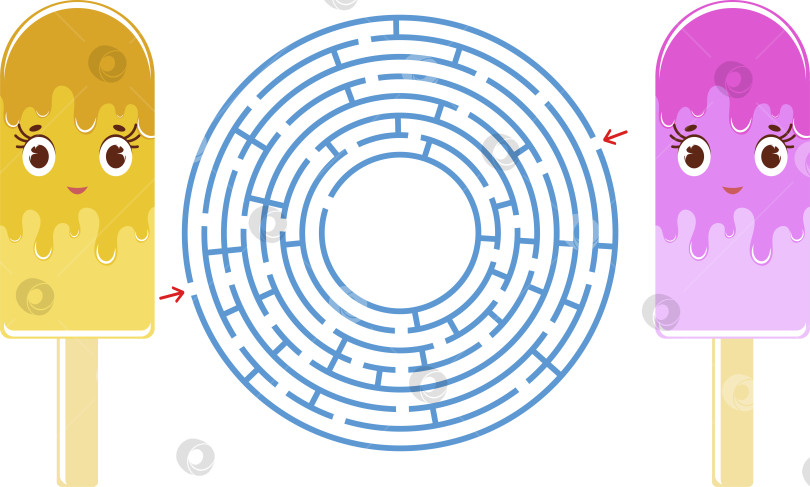 Скачать Красочный круглый лабиринт с милым мультяшным персонажем. Забавное мороженое. Интересная и полезная игра для детей. Простая плоская векторная иллюстрация, выделенная на белом фоне. фотосток Ozero