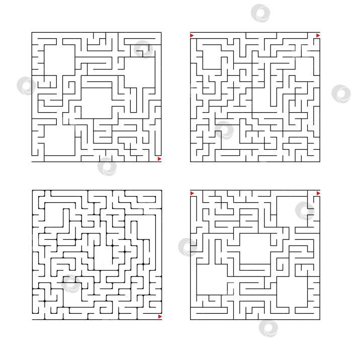 Скачать Набор квадратных лабиринтов. Игра для детей. Головоломка для детей. Один вход, один выход. Головоломка-лабиринт. Плоская векторная иллюстрация, изолированная на белом фоне. С местом для вашего изображения. фотосток Ozero