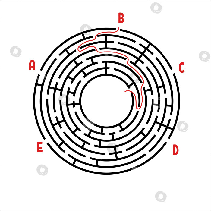 Скачать Абстрактный круглый лабиринт. Игра для детей. Детская головоломка. Пять входов, один выход. Головоломка-лабиринт. Простая плоская векторная иллюстрация, выделенная на белом фоне. С ответом. фотосток Ozero
