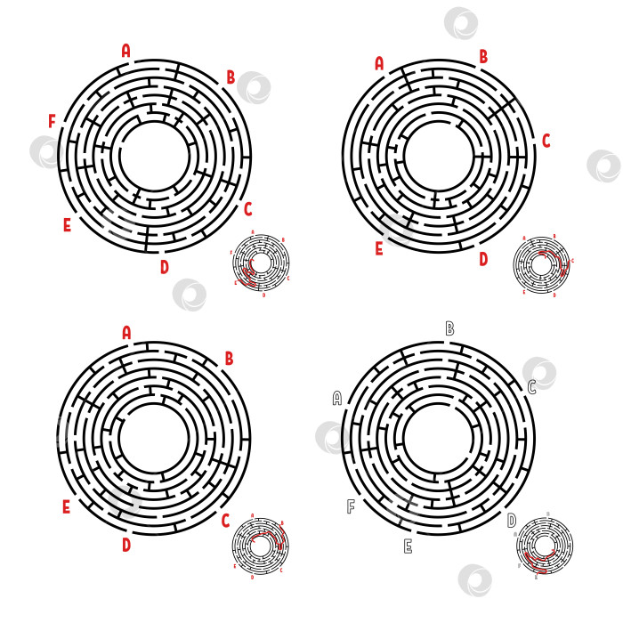 Скачать Набор круглых лабиринтов. Игра для детей. Головоломка для детей. Головоломка-лабиринт. Плоская векторная иллюстрация, изолированная на белом фоне. С ответом. фотосток Ozero