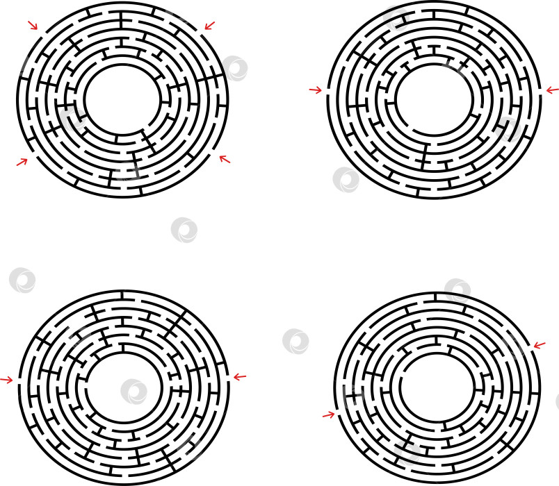 Скачать Черный абстрактный круглый лабиринт с местом для вашего рисования. Набор из четырех пазлов. Интересная и полезная игра для детей. Простая плоская векторная иллюстрация, выделенная на белом фоне. фотосток Ozero