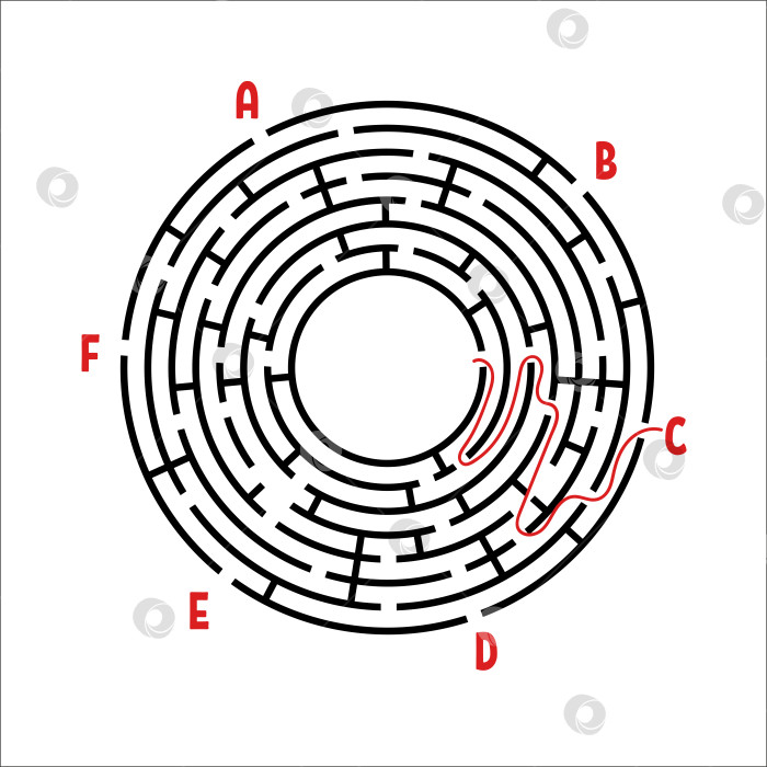 Скачать Абстрактный круглый лабиринт. Игра для детей. Детская головоломка. Шесть входов, один выход. Головоломка-лабиринт. Простая плоская векторная иллюстрация, выделенная на белом фоне. С ответом. фотосток Ozero
