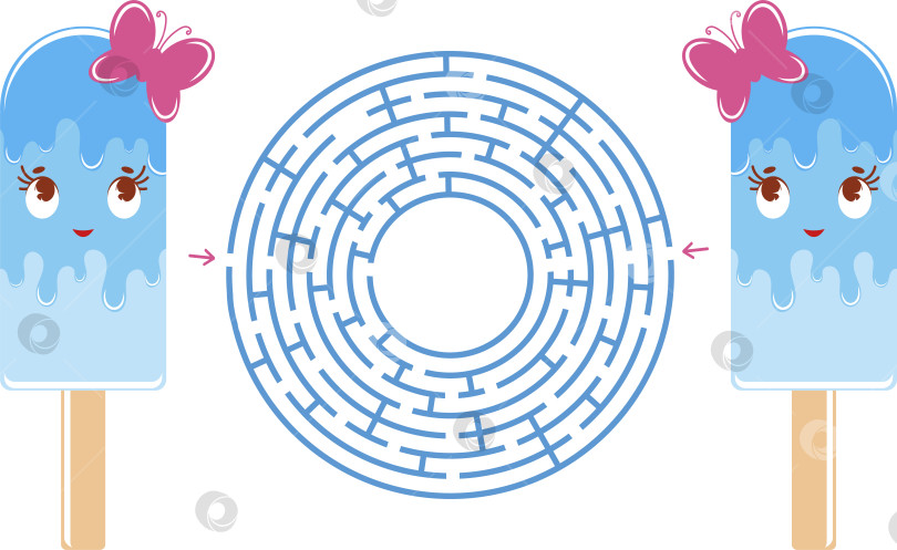 Скачать Красочный круглый лабиринт с милым мультяшным персонажем. Забавное мороженое. Интересная и полезная игра для детей. Простая плоская векторная иллюстрация, выделенная на белом фоне. фотосток Ozero