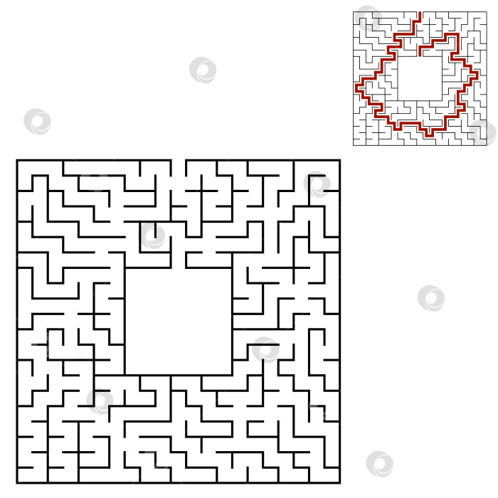 Скачать Черный квадратный лабиринт с входом и выходом. Интересная и полезная игра для детей. Простая плоская векторная иллюстрация, выделенная на белом фоне. С местом для ваших рисунков. С ответом. фотосток Ozero
