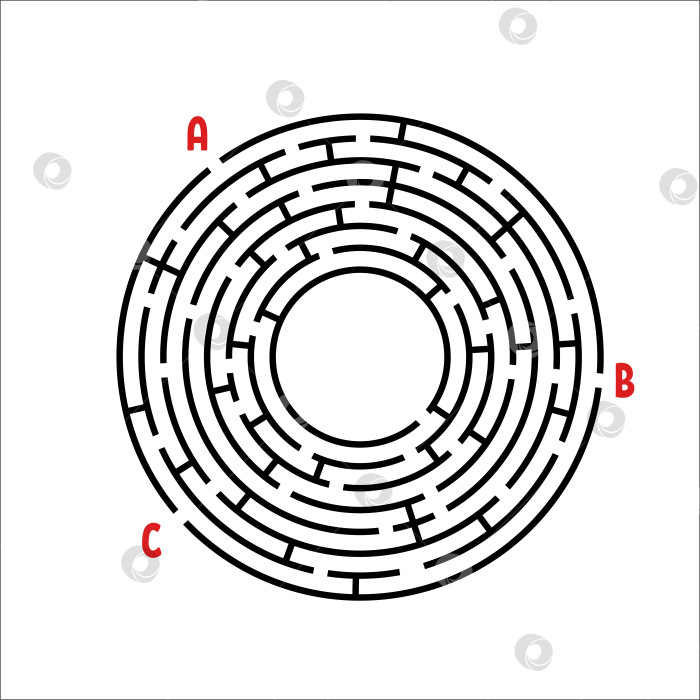 Скачать Черный круглый лабиринт. Игра для детей. Детская головоломка. Много входов, один выход. Головоломка-лабиринт. Простая плоская векторная иллюстрация, выделенная на белом фоне. С местом для вашего изображения. фотосток Ozero