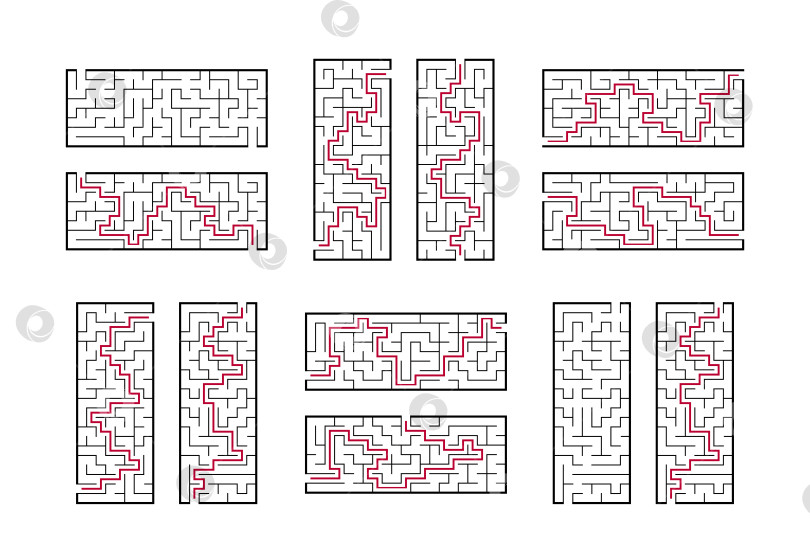 Скачать Набор прямоугольных лабиринтов. Игра для детей. Головоломка для детей. Один вход, один выход. Головоломка-лабиринт. Плоская векторная иллюстрация, изолированная на белом фоне. С ответом. фотосток Ozero