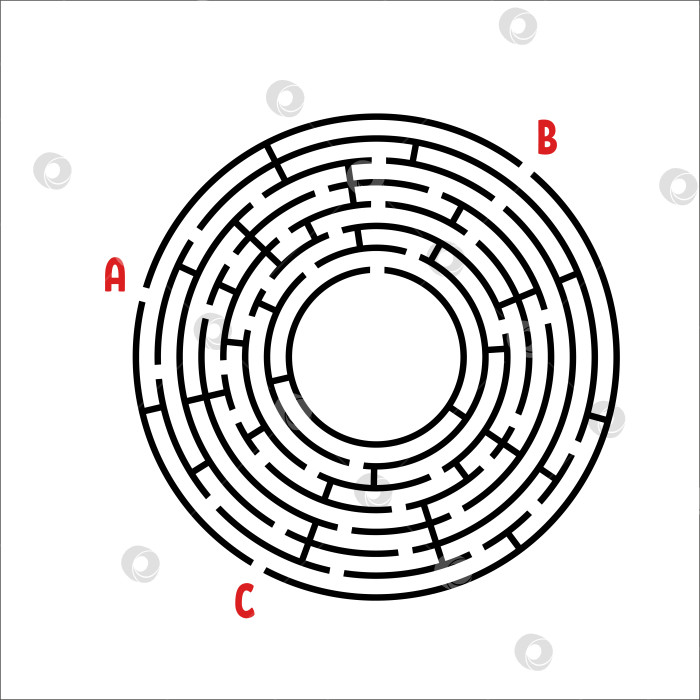 Скачать Черный круглый лабиринт. Игра для детей. Детская головоломка. Много входов, один выход. Головоломка-лабиринт. Простая плоская векторная иллюстрация, выделенная на белом фоне. С местом для вашего изображения. фотосток Ozero