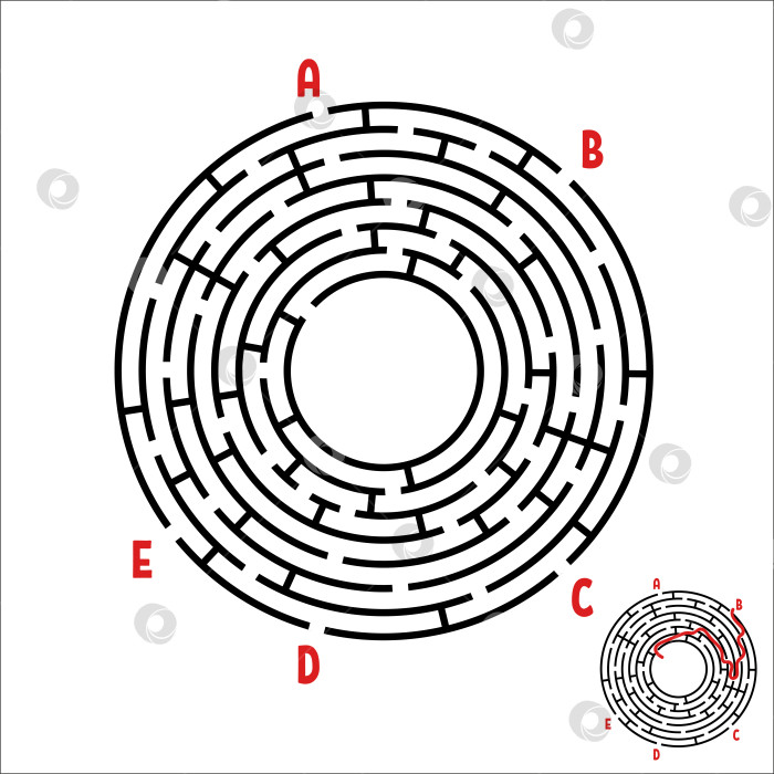 Скачать Абстрактный круглый лабиринт. Игра для детей. Детская головоломка. Пять входов, один выход. Головоломка-лабиринт. Простая плоская векторная иллюстрация, выделенная на белом фоне. С ответом. фотосток Ozero