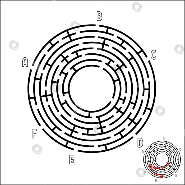Скачать Абстрактный круглый лабиринт. Игра для детей. Детская головоломка. Шесть входов, один выход. Головоломка-лабиринт. Простая плоская векторная иллюстрация, выделенная на белом фоне. С ответом. фотосток Ozero