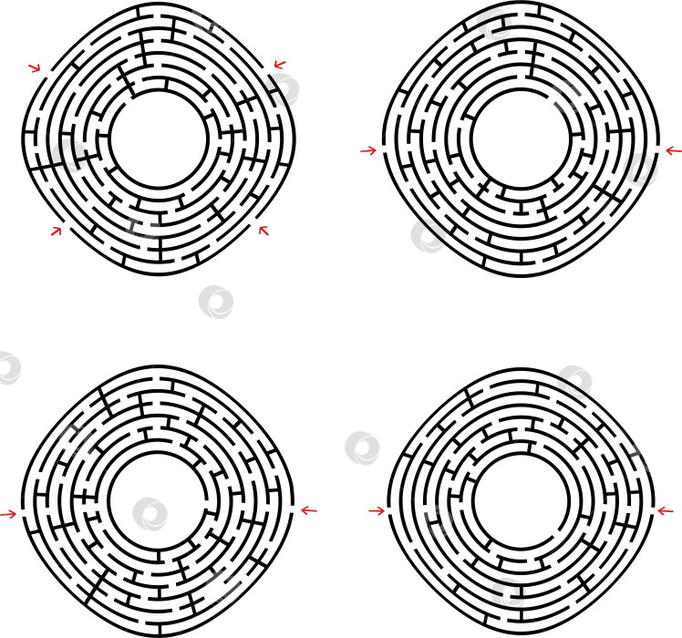 Скачать Черный абстрактный круглый лабиринт с местом для вашего рисования. Набор из четырех пазлов. Интересная и полезная игра для детей. Простая плоская векторная иллюстрация, выделенная на белом фоне. фотосток Ozero