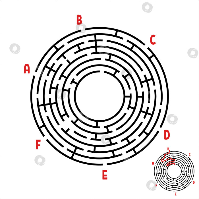Скачать Абстрактный круглый лабиринт. Игра для детей. Детская головоломка. Шесть входов, один выход. Головоломка-лабиринт. Простая плоская векторная иллюстрация, выделенная на белом фоне. С ответом. фотосток Ozero