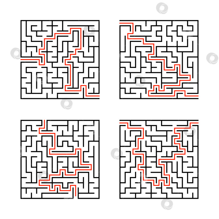 Скачать Набор квадратных лабиринтов. Игра для детей. Головоломка для детей. Головоломка-лабиринт. Плоская векторная иллюстрация, изолированная на белом фоне. С ответом. фотосток Ozero