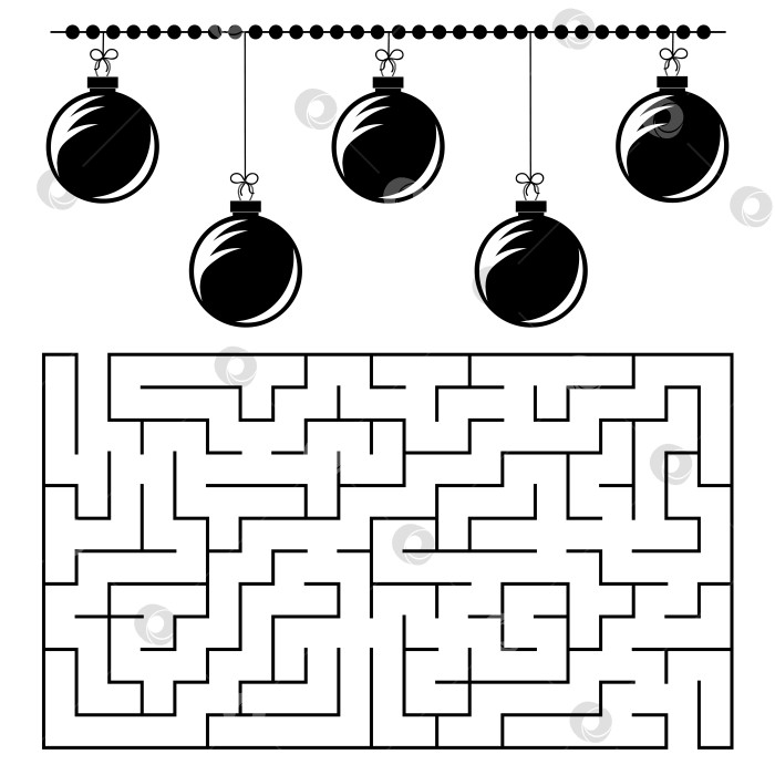 Скачать Абстрактный прямоугольный лабиринт с черно-белой картинкой. Круглые рождественские шары. Интересная и полезная игра для детей. Простая плоская векторная иллюстрация, выделенная на белом фоне. фотосток Ozero