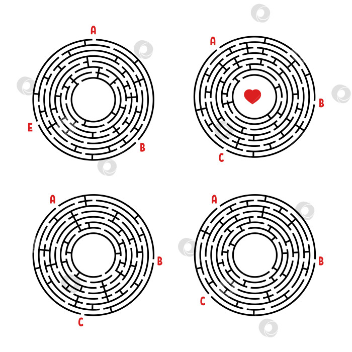 Скачать Набор круглых лабиринтов. Игра для детей. Головоломка для детей. Головоломка-лабиринт. Плоская векторная иллюстрация, изолированная на белом фоне. фотосток Ozero