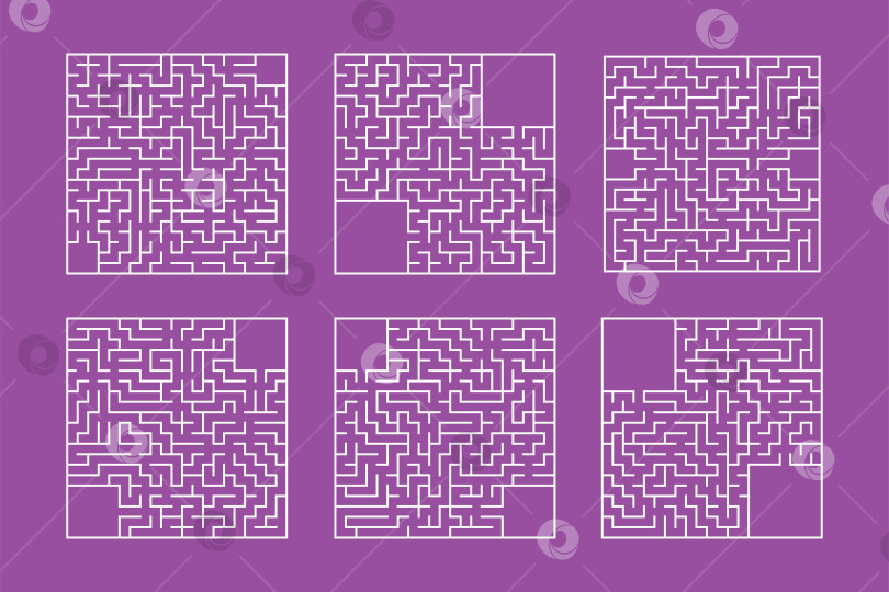 Скачать Набор квадратных лабиринтов. Игра для детей. Головоломка для детей. Один вход, один выход. Головоломка-лабиринт. Плоская векторная иллюстрация, выделенная на цветном фоне. Где место для вашего изображения. фотосток Ozero