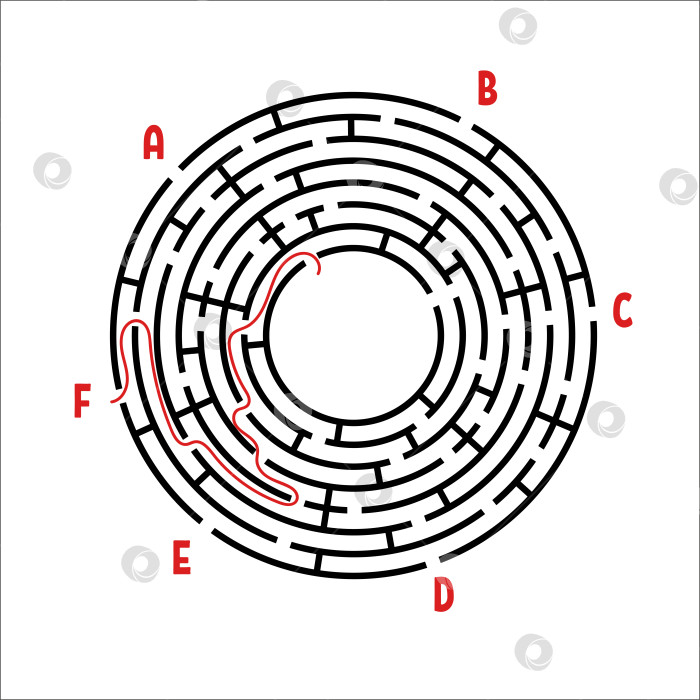 Скачать Абстрактный круглый лабиринт. Игра для детей. Детская головоломка. Шесть входов, один выход. Головоломка-лабиринт. Простая плоская векторная иллюстрация, выделенная на белом фоне. С ответом. фотосток Ozero
