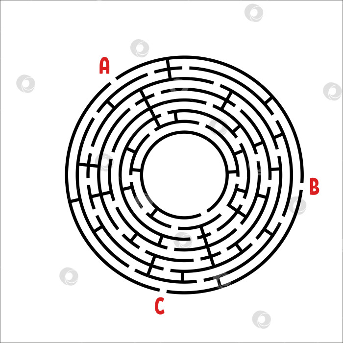 Скачать Черный круглый лабиринт. Игра для детей. Детская головоломка. Много входов, один выход. Головоломка-лабиринт. Простая плоская векторная иллюстрация, выделенная на белом фоне. С местом для вашего изображения. фотосток Ozero