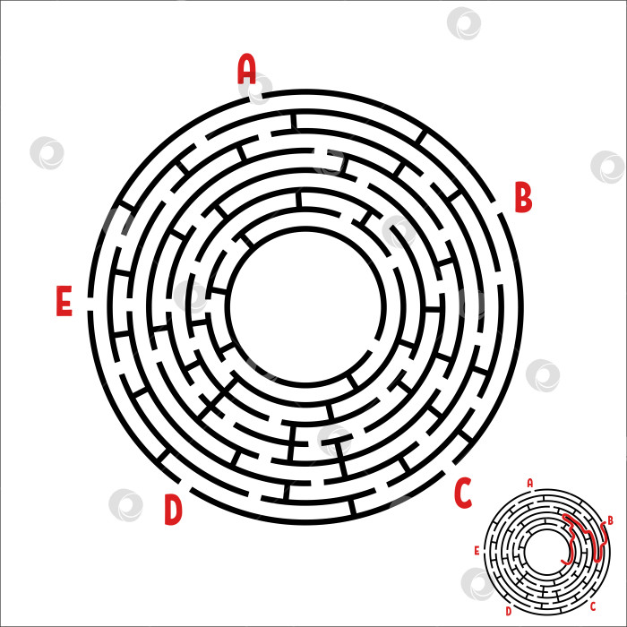 Скачать Абстрактный круглый лабиринт. Игра для детей. Детская головоломка. Пять входов, один выход. Головоломка-лабиринт. Простая плоская векторная иллюстрация, выделенная на белом фоне. С ответом. фотосток Ozero