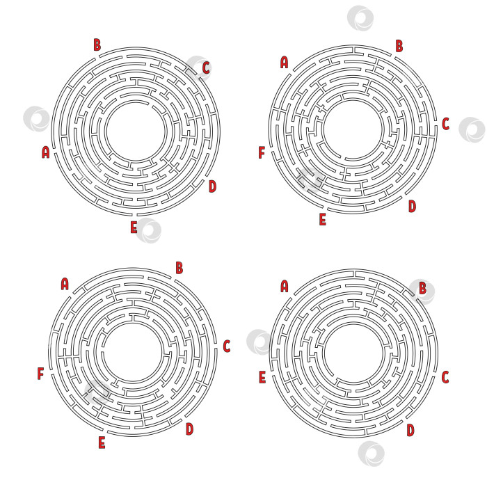 Скачать Набор круглых лабиринтов. Игра для детей. Головоломка для детей. Головоломка-лабиринт. Плоская векторная иллюстрация, изолированная на белом фоне. фотосток Ozero