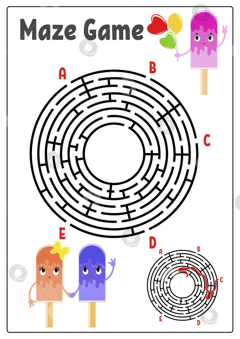 Скачать Абстрактный круглый лабиринт. Рабочие листы для детей. Страница с заданиями. Игра-головоломка для детей. Милое мультяшное мороженое. Головоломка-лабиринт. Векторная иллюстрация. С ответом. С пространством для вашего изображения фотосток Ozero