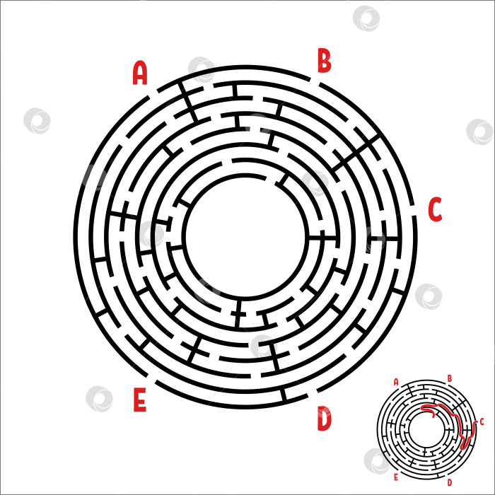 Скачать Абстрактный круглый лабиринт. Игра для детей. Детская головоломка. Пять входов, один выход. Головоломка-лабиринт. Простая плоская векторная иллюстрация, выделенная на белом фоне. С ответом. фотосток Ozero