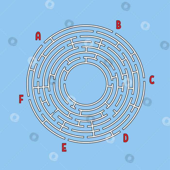 Скачать Абстрактный круглый лабиринт. Игра для детей. Детская головоломка. Много входов, один выход. Головоломка-лабиринт. Простая плоская векторная иллюстрация, выделенная на цветном фоне. С местом для вашего изображения. фотосток Ozero