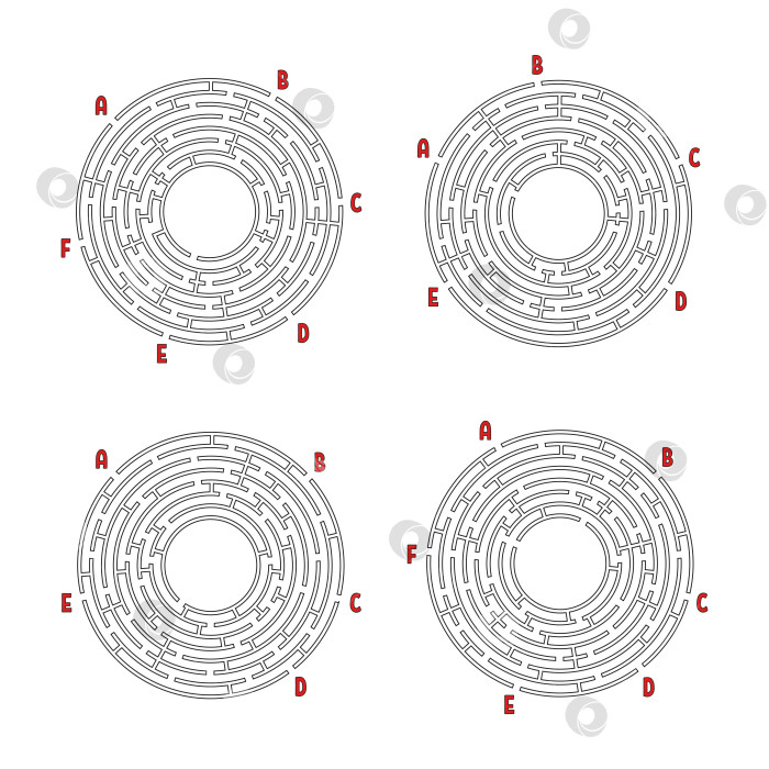 Скачать Набор круглых лабиринтов. Игра для детей. Головоломка для детей. Головоломка-лабиринт. Плоская векторная иллюстрация, изолированная на белом фоне. фотосток Ozero
