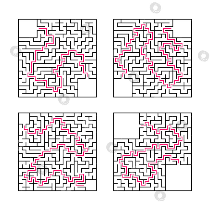 Скачать Набор квадратных лабиринтов. Игра для детей. Головоломка для детей. Один вход, один выход. Головоломка-лабиринт. Плоская векторная иллюстрация, изолированная на белом фоне. С ответом. С местом для вашего изображения. фотосток Ozero