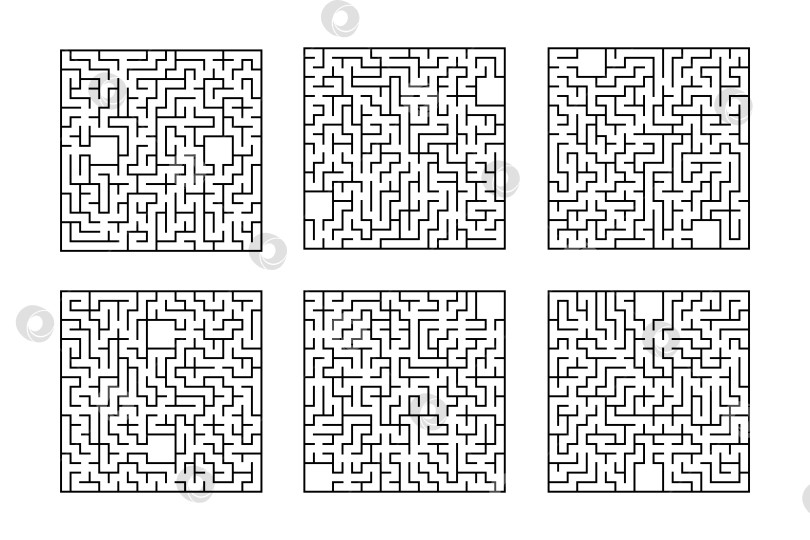 Скачать Набор квадратных лабиринтов. Игра для детей. Головоломка для детей. Один вход, один выход. Головоломка-лабиринт. Плоская векторная иллюстрация, изолированная на белом фоне. фотосток Ozero