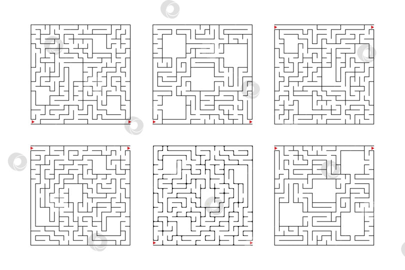 Скачать Набор квадратных лабиринтов. Игра для детей. Головоломка для детей. Один вход, один выход. Головоломка-лабиринт. Плоская векторная иллюстрация, изолированная на белом фоне. фотосток Ozero