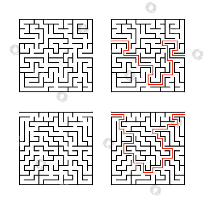 Скачать Набор квадратных лабиринтов. Игра для детей. Головоломка для детей. Головоломка-лабиринт. Плоская векторная иллюстрация, изолированная на белом фоне. С ответом. фотосток Ozero