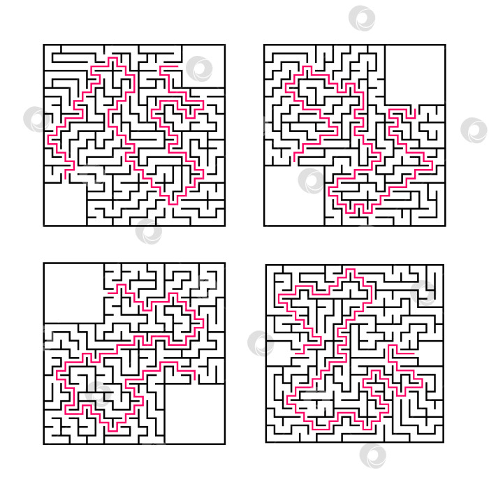 Скачать Набор квадратных лабиринтов. Игра для детей. Головоломка для детей. Один вход, один выход. Головоломка-лабиринт. Плоская векторная иллюстрация, изолированная на белом фоне. С ответом. С местом для вашего изображения. фотосток Ozero