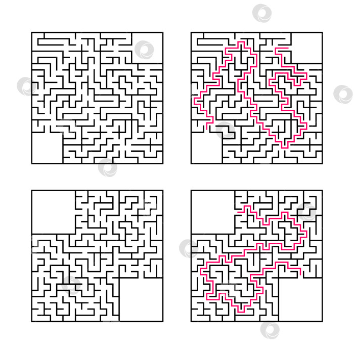 Скачать Набор квадратных лабиринтов. Игра для детей. Головоломка для детей. Один вход, один выход. Головоломка-лабиринт. Плоская векторная иллюстрация, изолированная на белом фоне. С ответом. С местом для вашего изображения. фотосток Ozero
