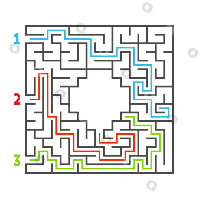 Скачать Абстрактный квадратный лабиринт. Игра для детей. Головоломка для детей. Три входа, один выход. Головоломка-лабиринт. Плоская векторная иллюстрация, изолированная на белом фоне. С ответом. С местом для вашего изображения. фотосток Ozero