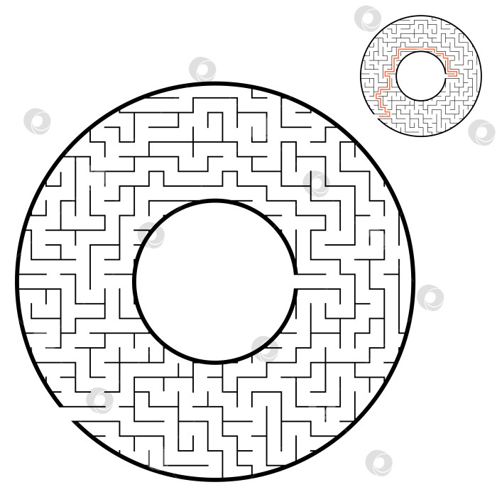 Скачать Абстрактный круглый лабиринт. Игра для детей. Головоломка для детей. Один вход, один выход. Головоломка-лабиринт. Плоская векторная иллюстрация, изолированная на белом фоне. С ответом. С местом для вашего изображения. фотосток Ozero