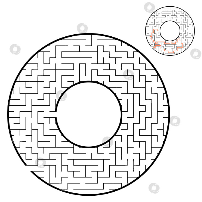 Скачать Абстрактный круглый лабиринт. Игра для детей. Головоломка для детей. Один вход, один выход. Головоломка-лабиринт. Плоская векторная иллюстрация, изолированная на белом фоне. С ответом. С местом для вашего изображения. фотосток Ozero