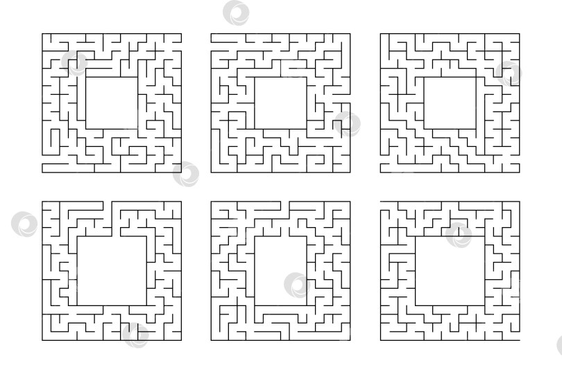 Скачать Набор квадратных лабиринтов. Игра для детей. Головоломка для детей. Один вход, один выход. Головоломка-лабиринт. Плоская векторная иллюстрация, изолированная на белом фоне. С местом для вашего изображения. фотосток Ozero