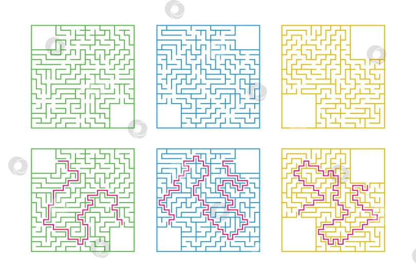 Скачать Набор квадратных лабиринтов. Игра для детей. Головоломка для детей. Один вход, один выход. Головоломка-лабиринт. Плоская векторная иллюстрация, изолированная на белом фоне. С ответом. С местом для вашего изображения. фотосток Ozero