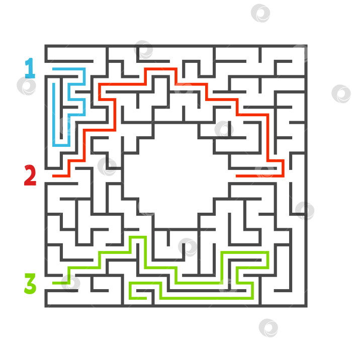 Скачать Абстрактный квадратный лабиринт. Игра для детей. Головоломка для детей. Три входа, один выход. Головоломка-лабиринт. Плоская векторная иллюстрация, изолированная на белом фоне. С ответом. С местом для вашего изображения. фотосток Ozero