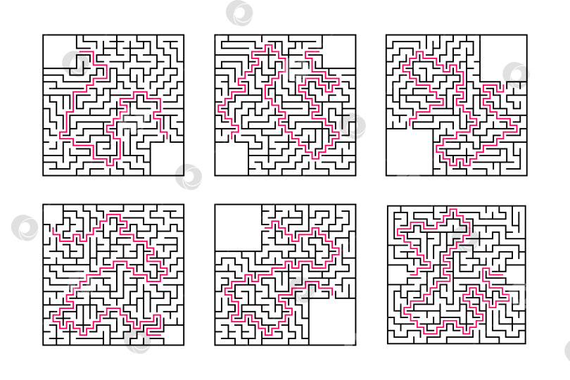 Скачать Набор квадратных лабиринтов. Игра для детей. Головоломка для детей. Один вход, один выход. Головоломка-лабиринт. Плоская векторная иллюстрация, изолированная на белом фоне. С ответом. С местом для вашего изображения. фотосток Ozero