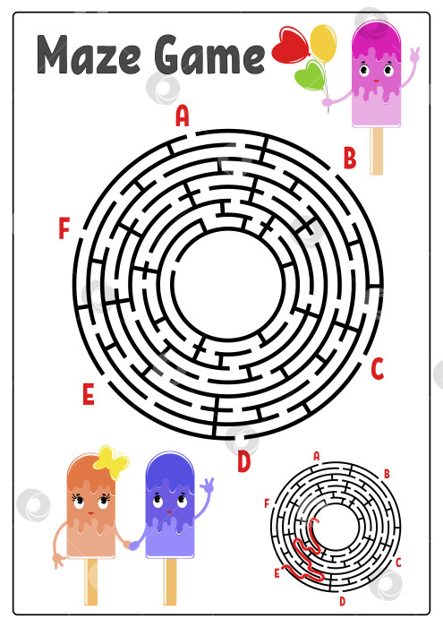 Скачать Абстрактный круглый лабиринт. Рабочие листы для детей. Страница с заданиями. Игра-головоломка для детей. Милое мультяшное мороженое. Головоломка-лабиринт. Векторная иллюстрация. С ответом. С пространством для вашего изображения фотосток Ozero