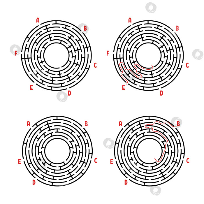 Скачать Набор круглых лабиринтов. Игра для детей. Головоломка для детей. Головоломка-лабиринт. Плоская векторная иллюстрация, изолированная на белом фоне. С ответом. фотосток Ozero