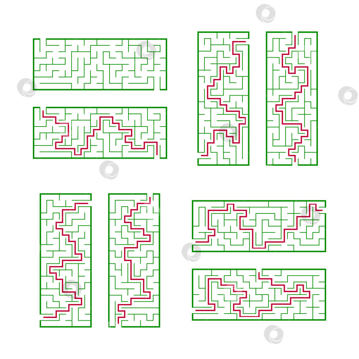 Скачать Набор прямоугольных лабиринтов. Игра для детей. Головоломка для детей. Один вход, один выход. Головоломка-лабиринт. Плоская векторная иллюстрация, изолированная на белом фоне. С ответом. фотосток Ozero