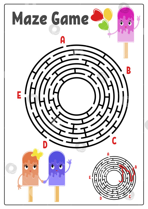 Скачать Абстрактный круглый лабиринт. Рабочие листы для детей. Страница с заданиями. Игра-головоломка для детей. Милое мультяшное мороженое. Головоломка-лабиринт. Векторная иллюстрация. С ответом. С пространством для вашего изображения фотосток Ozero