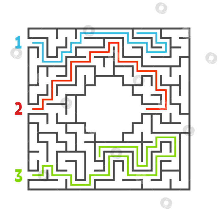 Скачать Абстрактный квадратный лабиринт. Игра для детей. Головоломка для детей. Три входа, один выход. Головоломка-лабиринт. Плоская векторная иллюстрация, изолированная на белом фоне. С ответом. С местом для вашего изображения. фотосток Ozero