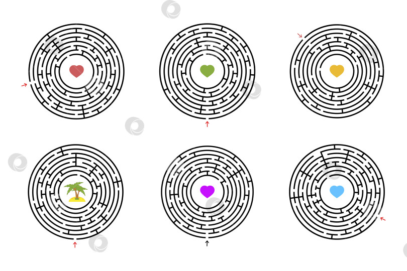 Скачать Набор круглых лабиринтов. Игра для детей. Головоломка для детей. Один вход, один выход. Головоломка-лабиринт. Плоская векторная иллюстрация, изолированная на белом фоне. фотосток Ozero