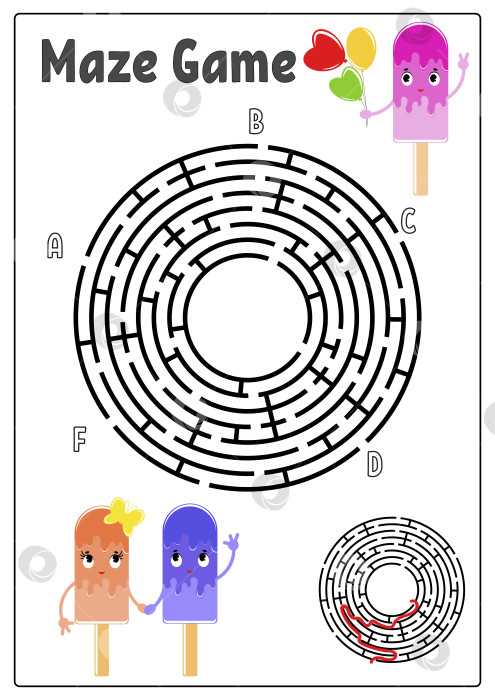 Скачать Абстрактный круглый лабиринт. Рабочие листы для детей. Страница с заданиями. Игра-головоломка для детей. Милое мультяшное мороженое. Головоломка-лабиринт. Векторная иллюстрация. С ответом. С пространством для вашего изображения фотосток Ozero