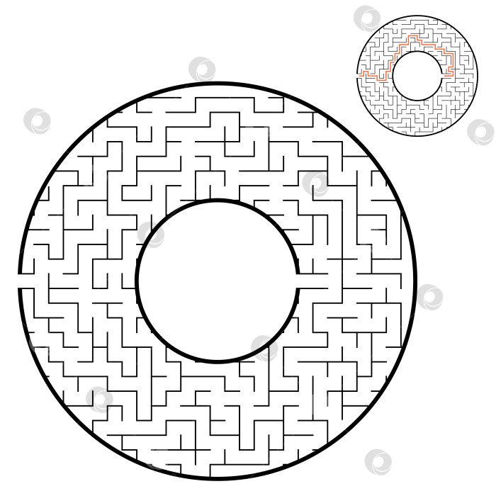 Скачать Абстрактный круглый лабиринт. Игра для детей. Головоломка для детей. Один вход, один выход. Головоломка-лабиринт. Плоская векторная иллюстрация, изолированная на белом фоне. С ответом. С местом для вашего изображения. фотосток Ozero
