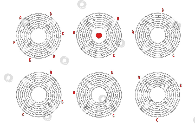 Скачать Набор круглых лабиринтов. Игра для детей. Головоломка для детей. Головоломка-лабиринт. Плоская векторная иллюстрация, изолированная на белом фоне. фотосток Ozero