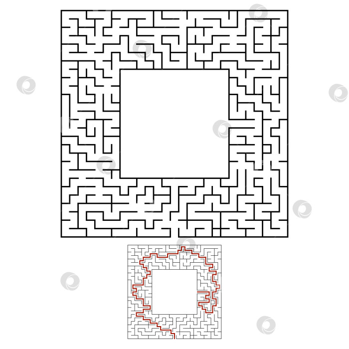 Скачать Черный квадратный лабиринт с входом и выходом. Интересная и полезная игра для детей. Простая плоская векторная иллюстрация, выделенная на белом фоне. С местом для ваших рисунков. С ответом. фотосток Ozero
